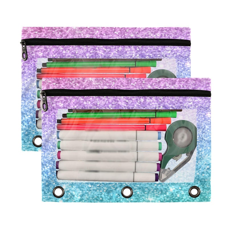 Kcldeci Pencil Pouch for 3 Ring Binder  Pink Blue Glitter Binder Pouches with Zipper Bulk  Pen Holder Case with Clear Window School Class Office Organizers  2Pack - Image 2